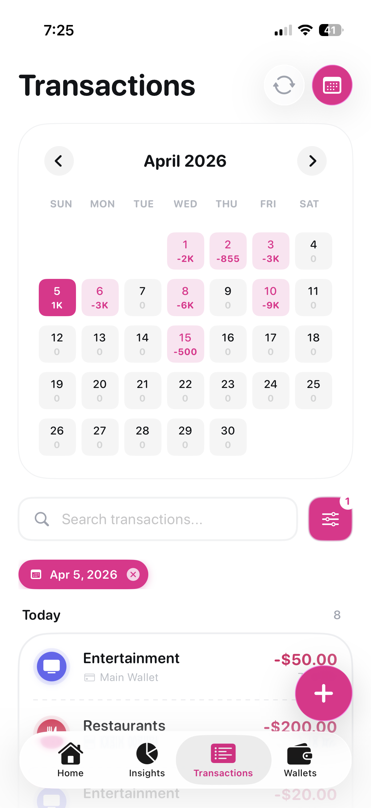 Transactions screen